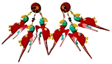 Lunch at the Ritz Red Parrots Enamel Dangle Drop Pierced Earrings Signed 1987