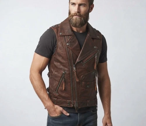 Vintage Cowhide Biker Vest – Handmade Rustic Sleeveless Leather Gift - product listing photo