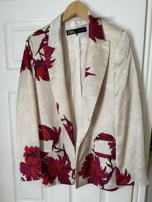 Zara Floral Print Satin Effect Blazer Womens Medium Cream Pink Open Front Jacket - Image 1 of 4