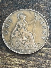 1936 United Kingdom UK Great Britain One 1 Penny George V Actual Coin TC1858*