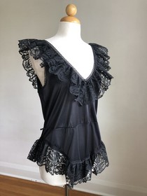 STUNNING VTG ALANA GALE Black Nylon Ruffle Lace Teddy Romper Lingerie SZ L