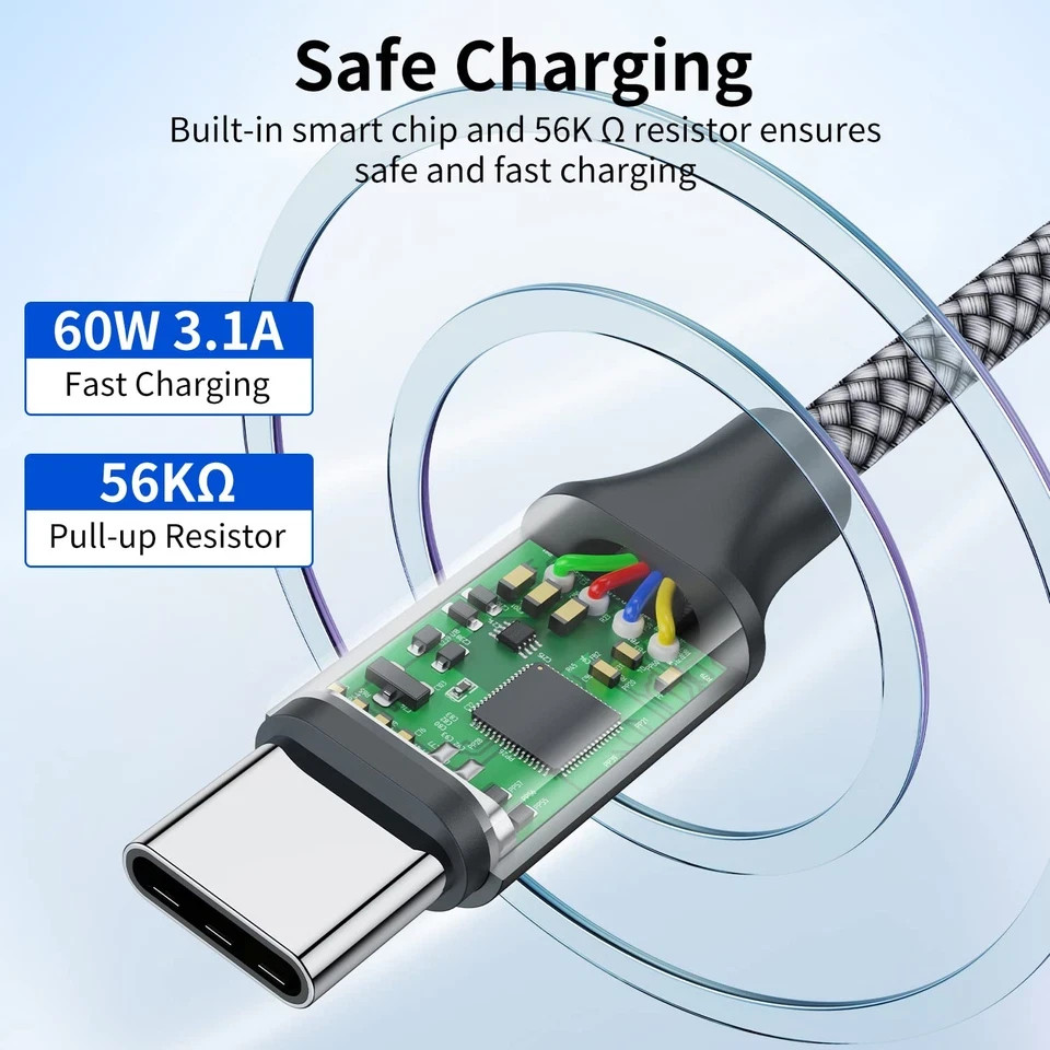 USB C to USB C Cable 60W Nylon Braided Fast Charging Type C Cord 3 Pack 1Ft