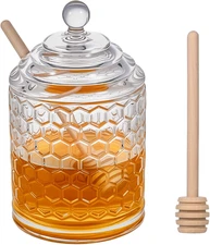 Clear Crystal Honey Pot with Dipper and Lid Glass Jar Dispenser Holder Syrup Con
