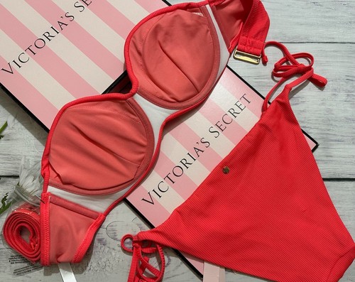 Victoria's Secret Swim Twist Front Strapless Coral Blaze Bandeau Bikini Set - Picture 5 of 5
