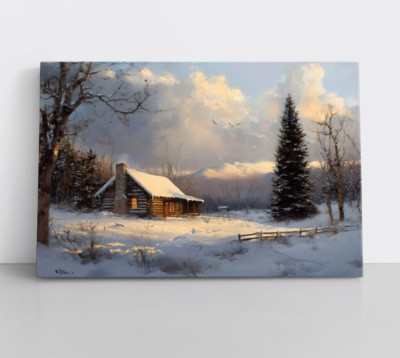 Snowy Log Cabin in Winter Landscape Painting Print Framed Canvas Rustic ...