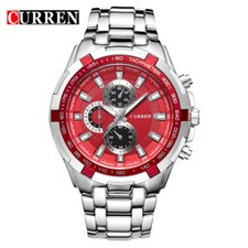 CURREN Men Watch Full Steel Quartz Watches Red Dial for Casual Males Wristwatch