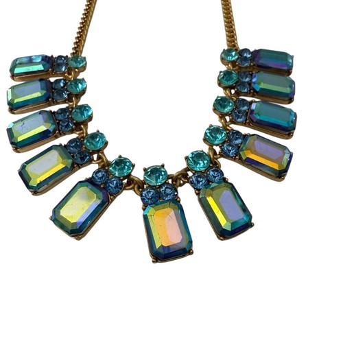 J Crew Statement Necklace Iridescent Blue Turquoise Crystal Stones Gold Adjustab - Picture 20 of 22