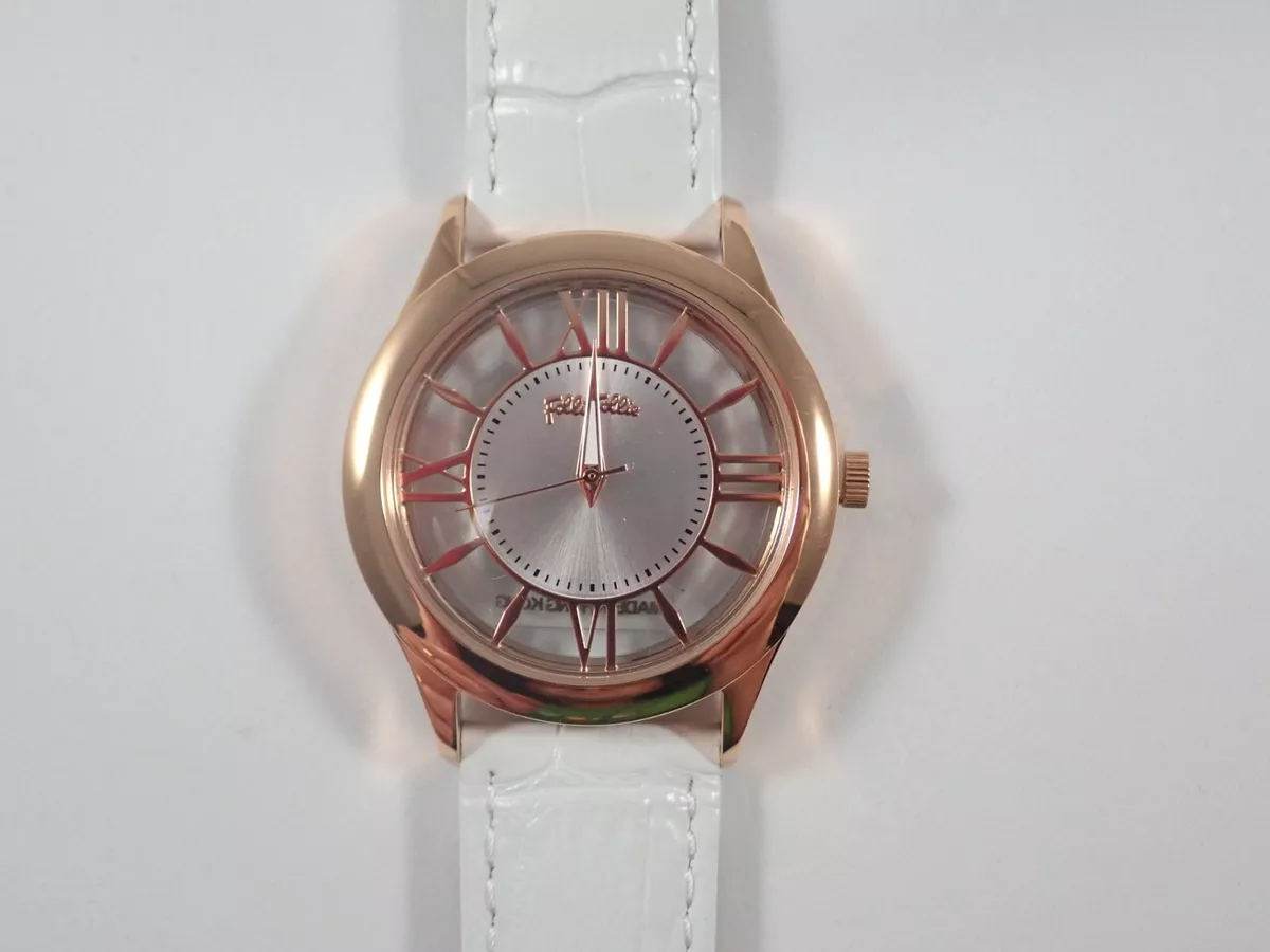 FOLLI FOLLIE WATCH TIME ILLUSION GOLD TONE BEZEL WHITE CROCO LEATHER STRAP