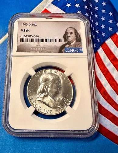 1963 D NGC MS64 FRANKLIN HALF DOLLAR 50 C 90% SILVER PORTRAIT LABEL - SWEET