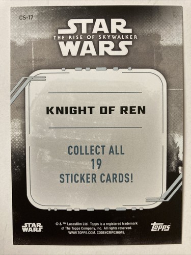 2019 Topps STAR WARS The Rise of Skywalker Sticker Card #cs-17 KNIGHT OF REN - Picture 2 of 2