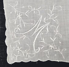 Initial handkerchief M, Vintage embroided