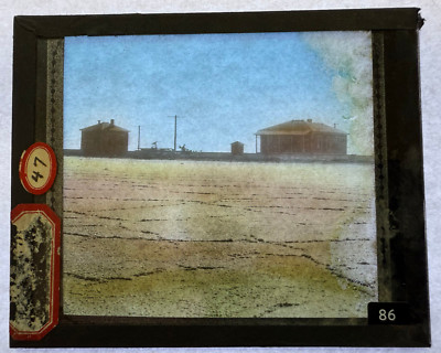COLORED MAGIC LANTERN SLIDE VIEW OF DESOLATE TRAIN STOP COL.? 1900s