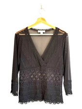 Womens Whimsigoth Black Sheer Mesh Lace Top Size L Boho Witchy Fairy Grunge