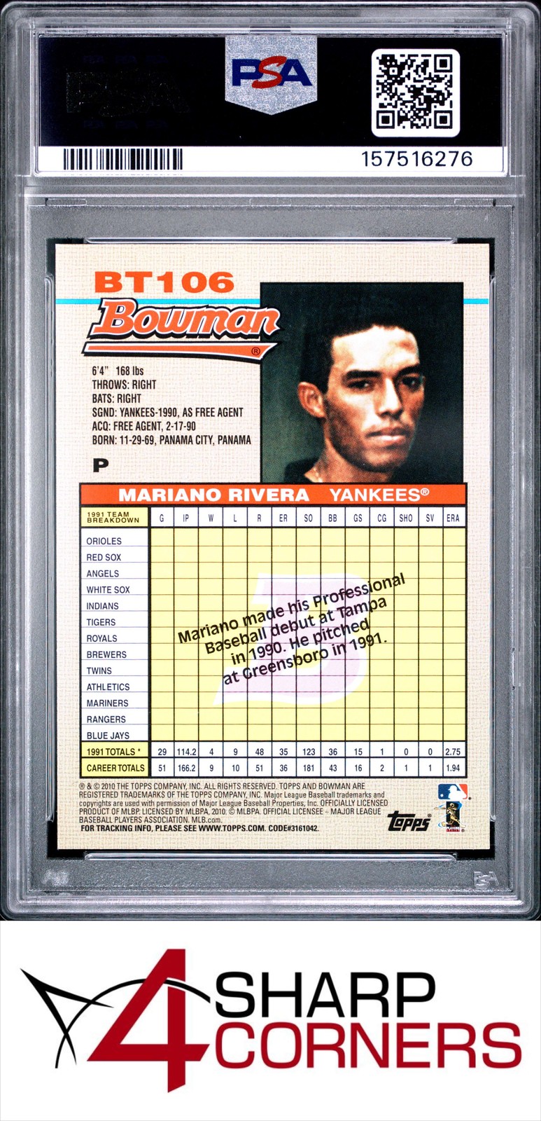 2010 BOWMAN 1992 BOWMAN THROWBACKS #BT106 MARIANO RIVERA HOF PSA 9 view 2