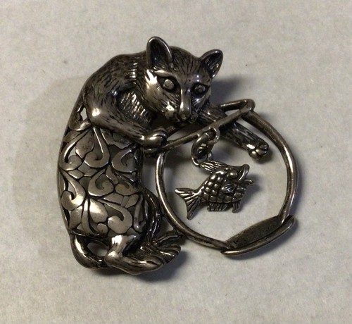 Sterling Silver Cat Pin Fish Bowl And Cat