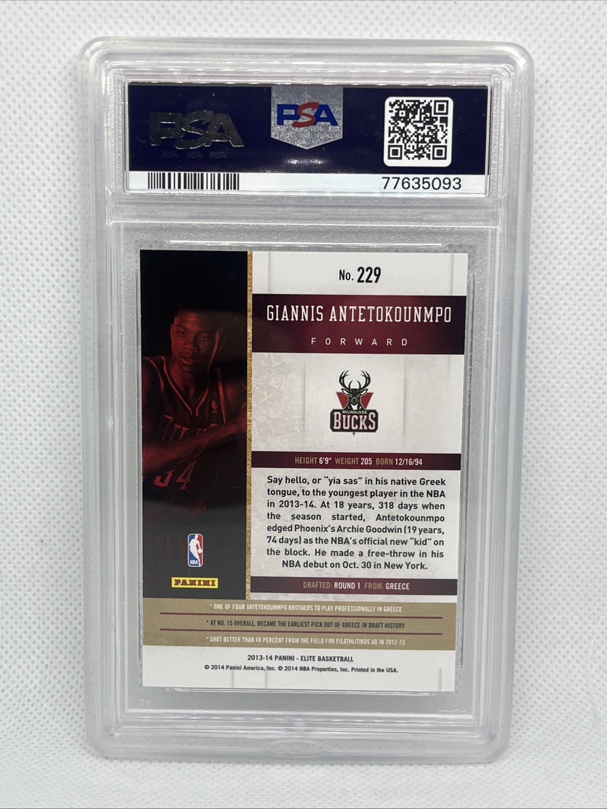 2013-14 Panini Elite Giannis Antetokounmpo RC Rookie #/999 Bucks PSA 9 view 2