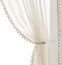 Sheer Curtains 95in Bedroom Decorative Pompom Trimmed Voile for Living Room S...