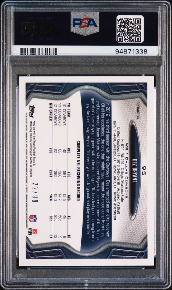 2013 Topps Chrome Sepia Refractor #95 Dez Bryant /99 PSA 10 GEM Cowboys - Image 2 of 2