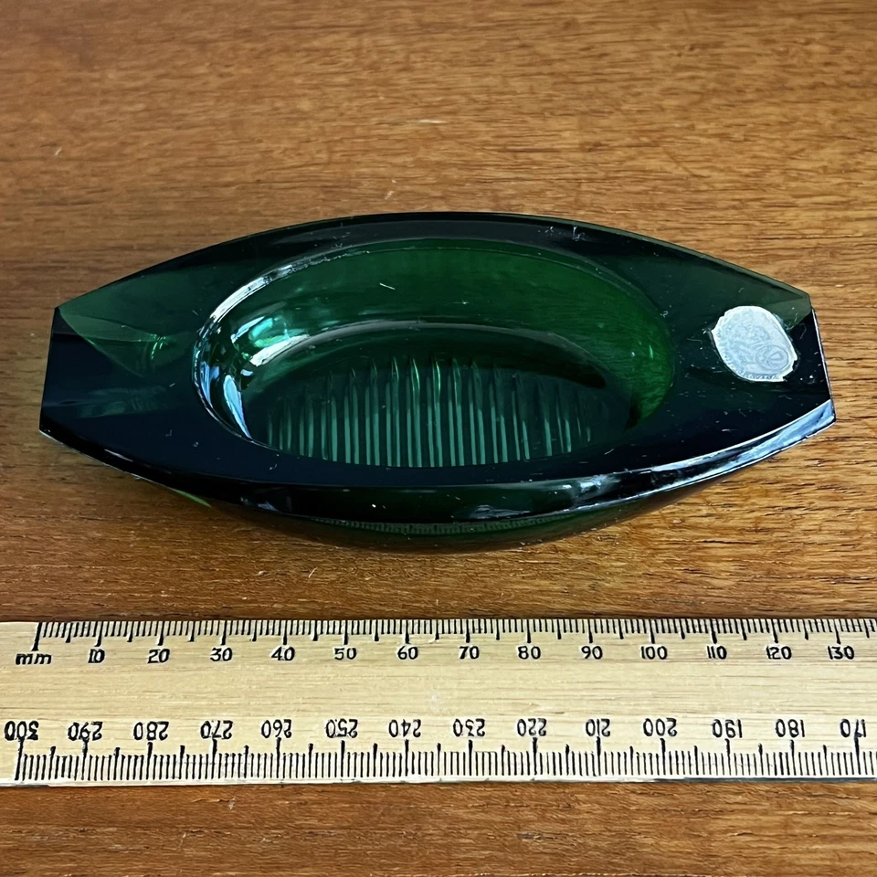 Vintage Czech Green Glass Dish Ashtray With Label Retro Sklo? - Image 3 of 4