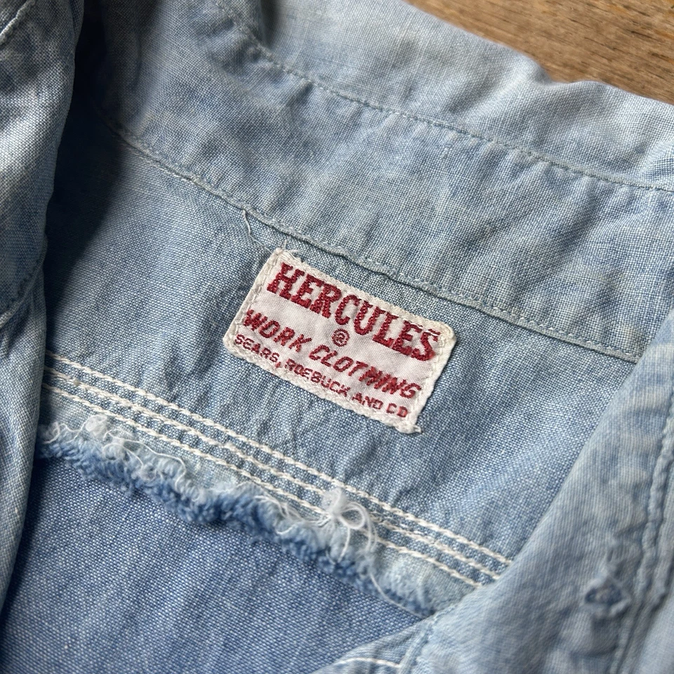 Camisa Hércules Chambray Vintage 1930’s 40’s Manga Larga Envejecida Reparada M/L Foto 3 de 4