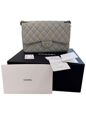 Chanel Classic Flap Medium Grey Leather CC Turn Lock Gold Tone