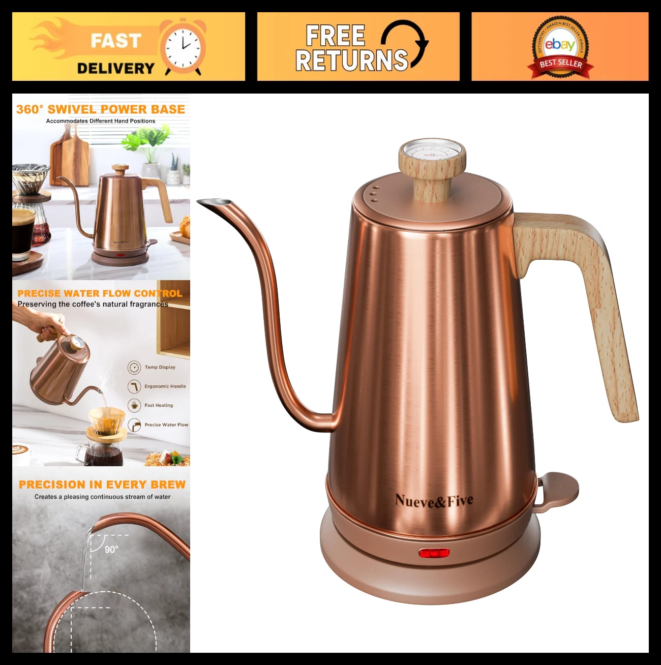 Gooseneck Electric Kettle with Thermometer, 1000W Stainless Steel, Auto Shut-Off
