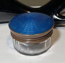 Vintage Guilloche Blue Enamel & Brass Cosmetic Cream Glass Jar 2.5” 