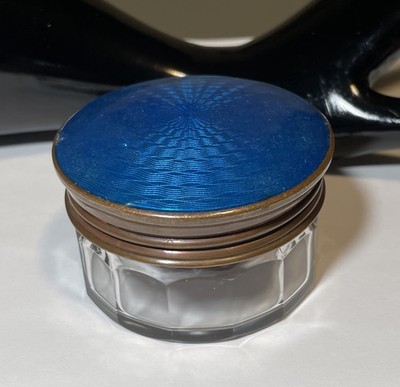 Vintage Guilloche Blue Enamel & Brass Cosmetic Cream Glass Jar 2.5  