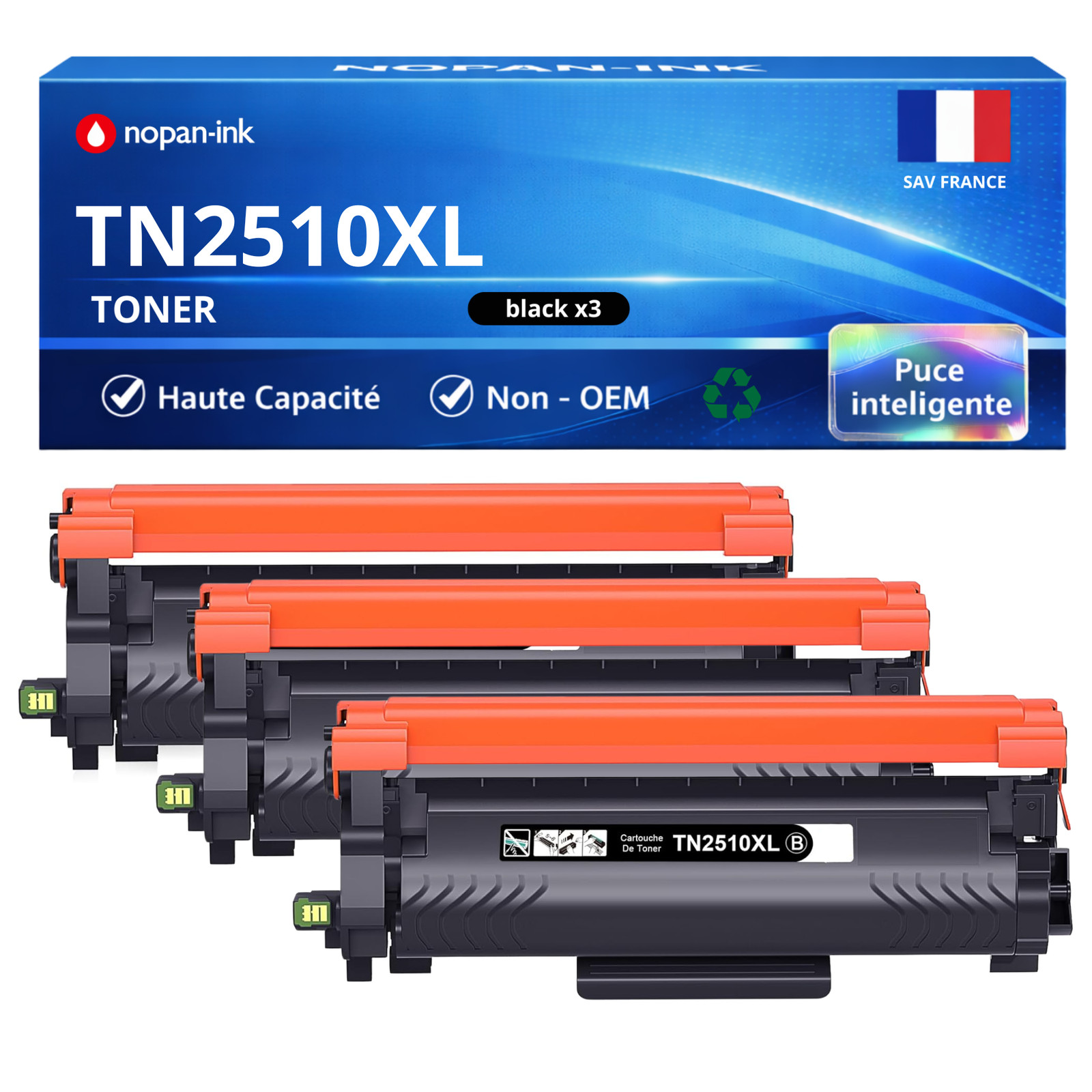 Toner TN2510XL noir pack de 3 pour secrétariat et édition de rapports volumineux de 3000 pages