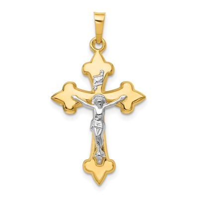 14k Two-tone Gold Polished Fleur de Lis INRI Crucifix Pendant 0.83gm L-1.26 Inch