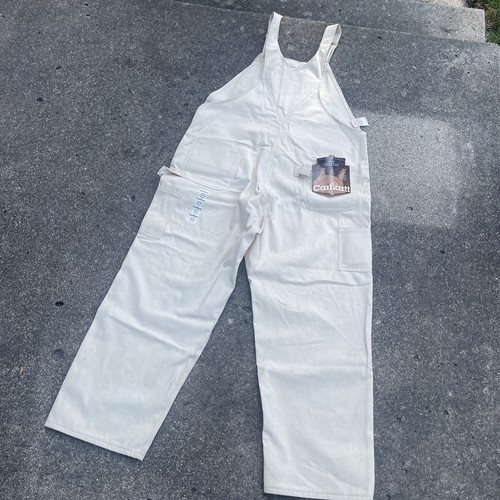 Vtg Carhartt Painter Bib Canvas Overalls Men’s 46x30 Cream NEW USA Union Made - Picture 12 of 15