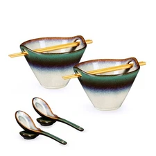 Ceramic Japanese Ramen Noodle Bowls Set of 2 - Deep Soup Bowls with Spoons, C...