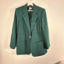 VTG Sag Harbor Womens Green Pure Wool Single-Breasted Blazer Jacket Size 8 Lined