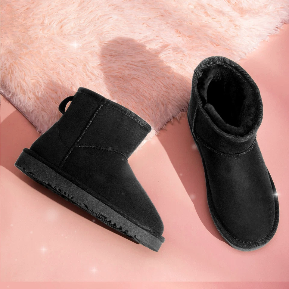 Botas de nieve de invierno para niños pequeños niñas niños acogedoras botas al tobillo borrosas forradas de piel sintética Foto 4 de 4