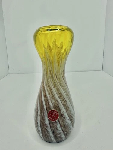 Vintage Murano Glass Yellow W/diagonal Gold Fleck Optics Vase 7.5” W/label