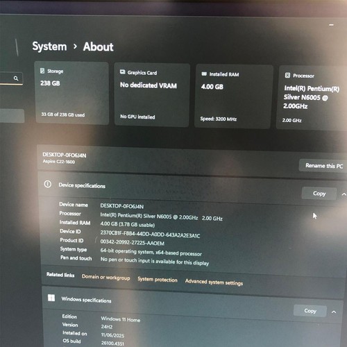 Acer Aspire C22-1600 All-in-One PC | Pentium Silver N6005 | 4GB RAM | 256GB SSD - Picture 3 of 4