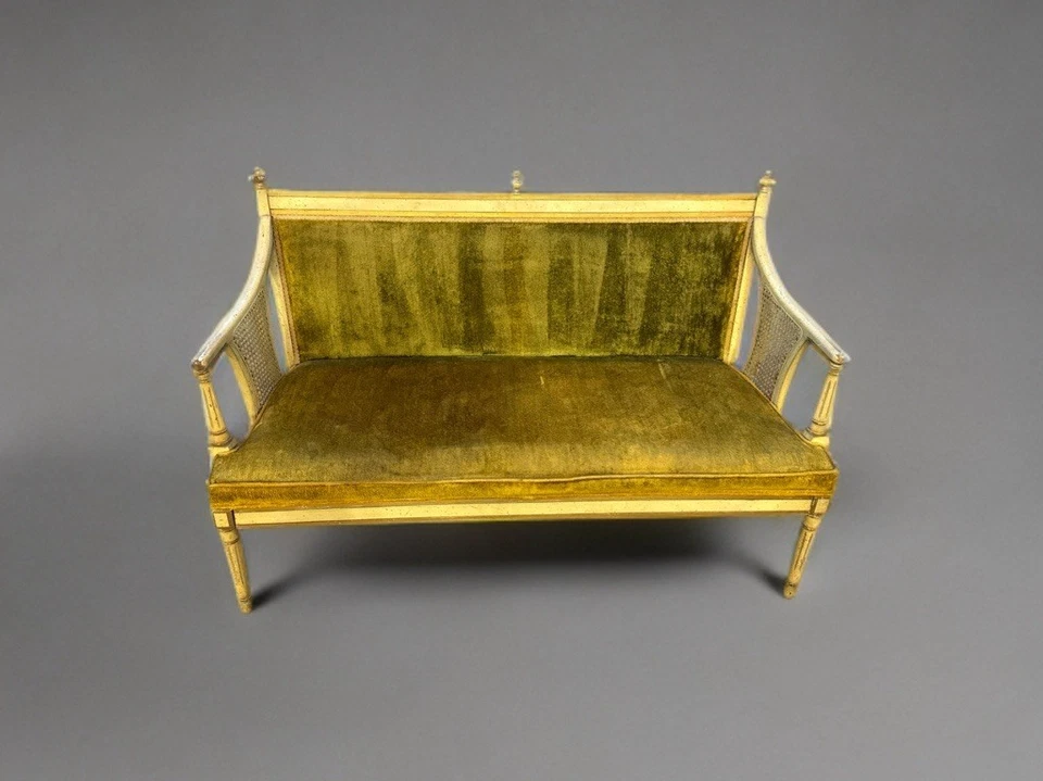 Винтажный Louis XVI Hollywood Regency Settee золото зеленый бархат трости диван читать - Изображение 2 из 4
