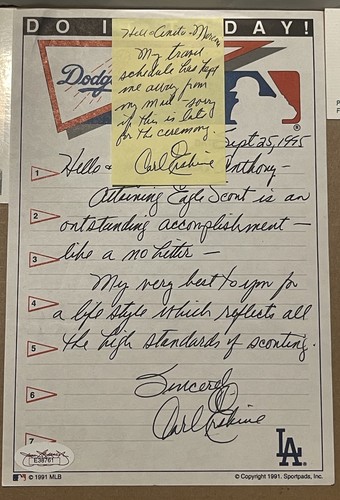 Carl Erskine - Lettera personale e nota e piccolo quadro - autografo firmato - JSA - Foto 3 di 10