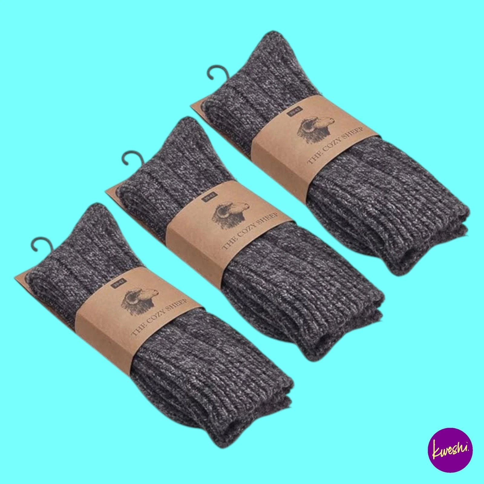 THE COZY SHEEP Unisex Wool Socks, Thermal Knit, 3 Pairs, Dark Grey, UK 2-5
