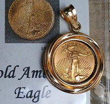1/10 Ounce Fine Gold American Gold Eagle Coin Pendant. 14k Bezel Setting Bail.
