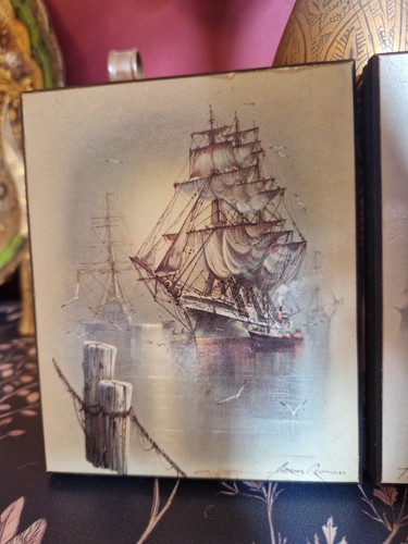 2x Vintage Andres Orpinas Segelschiff Druck auf Holzblock - Bild 2 von 10
