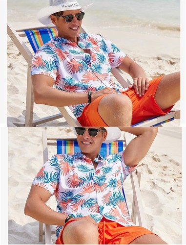 Men's Hawaiian Short Sleeve Shirt Leaves Print Casual Button Down Fit Beach O... - Picture 3 of 7