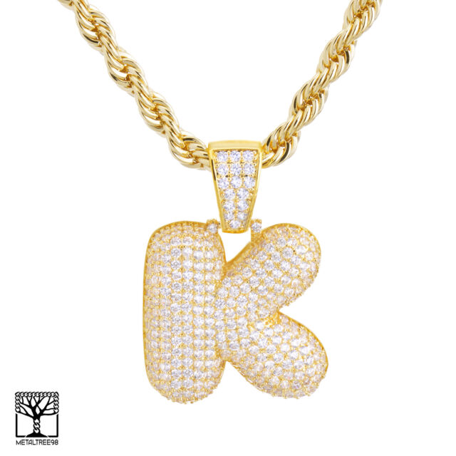K Initial Custom Bubble Letter Gold Plated Iced CZ Pendant 24" Chain Necklace