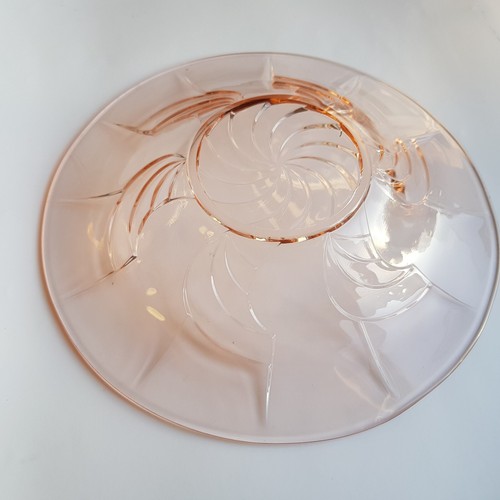 Art Deco glass dish 1930s pink coral pressed bowl 24cm England geometric Sowerby - Picture 5 of 12