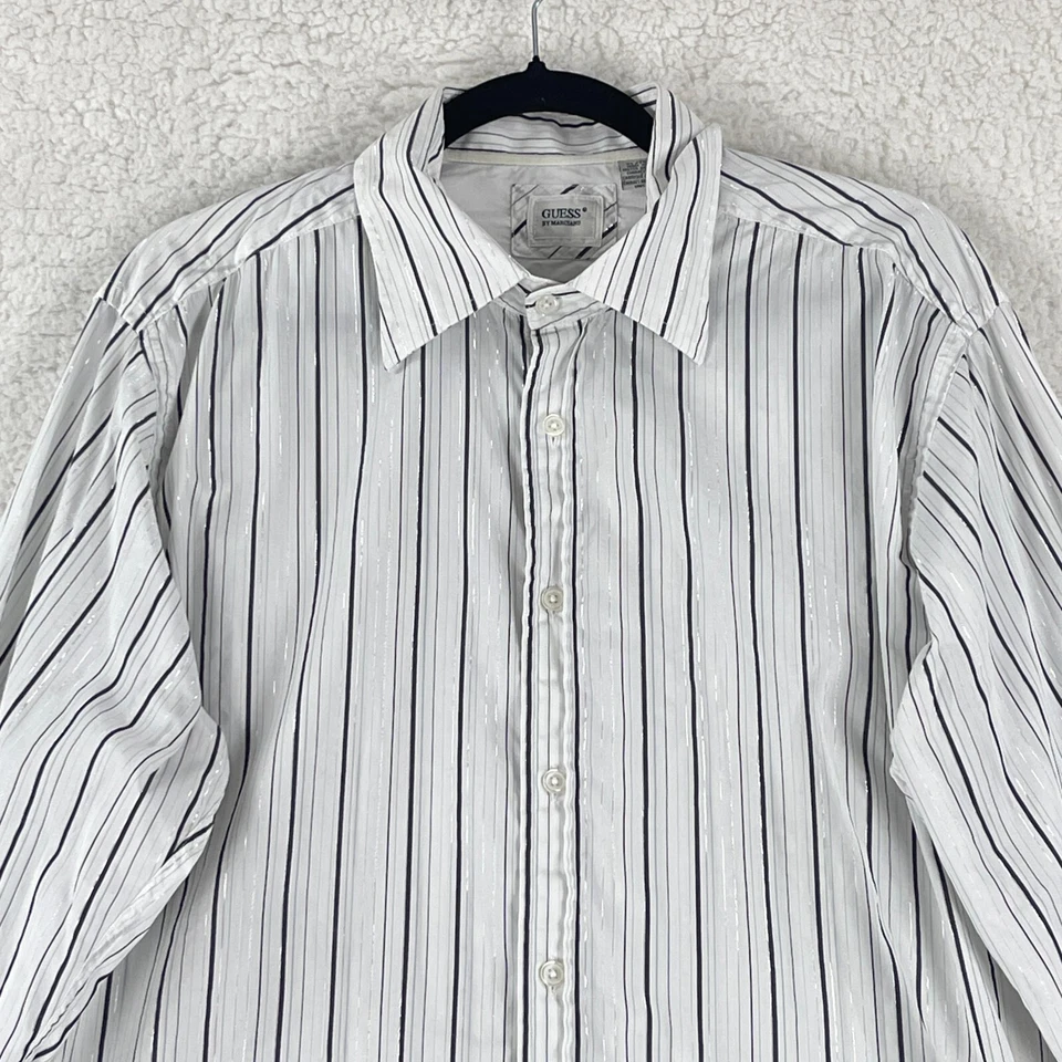 Camisa con botones Guess by Marciano para hombre XL blanca a rayas manga larga algodón lúrex Foto 3 de 4