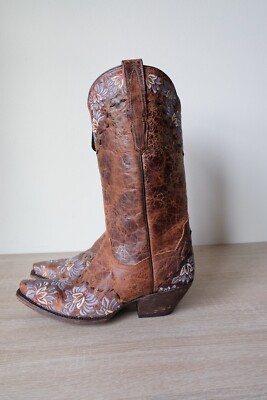 NEW Dan Post 13'' DAISY BLUE Snip-Toe Boots Cowboy Rodeo Embroidered Floral Brown