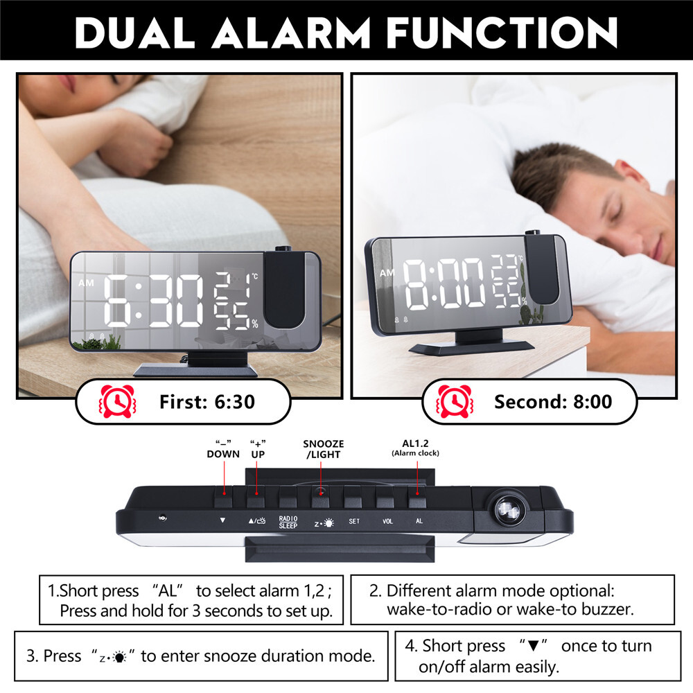 Digital Alarm Clock Projector Time on Ceiling USB Charger Temperature Humidity