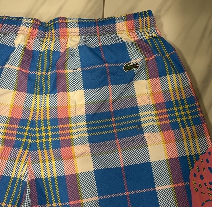 Lacoste Men's Big Croc Plaid Swim Shorts Blue Pink White Yellow Large New thumbnail 4