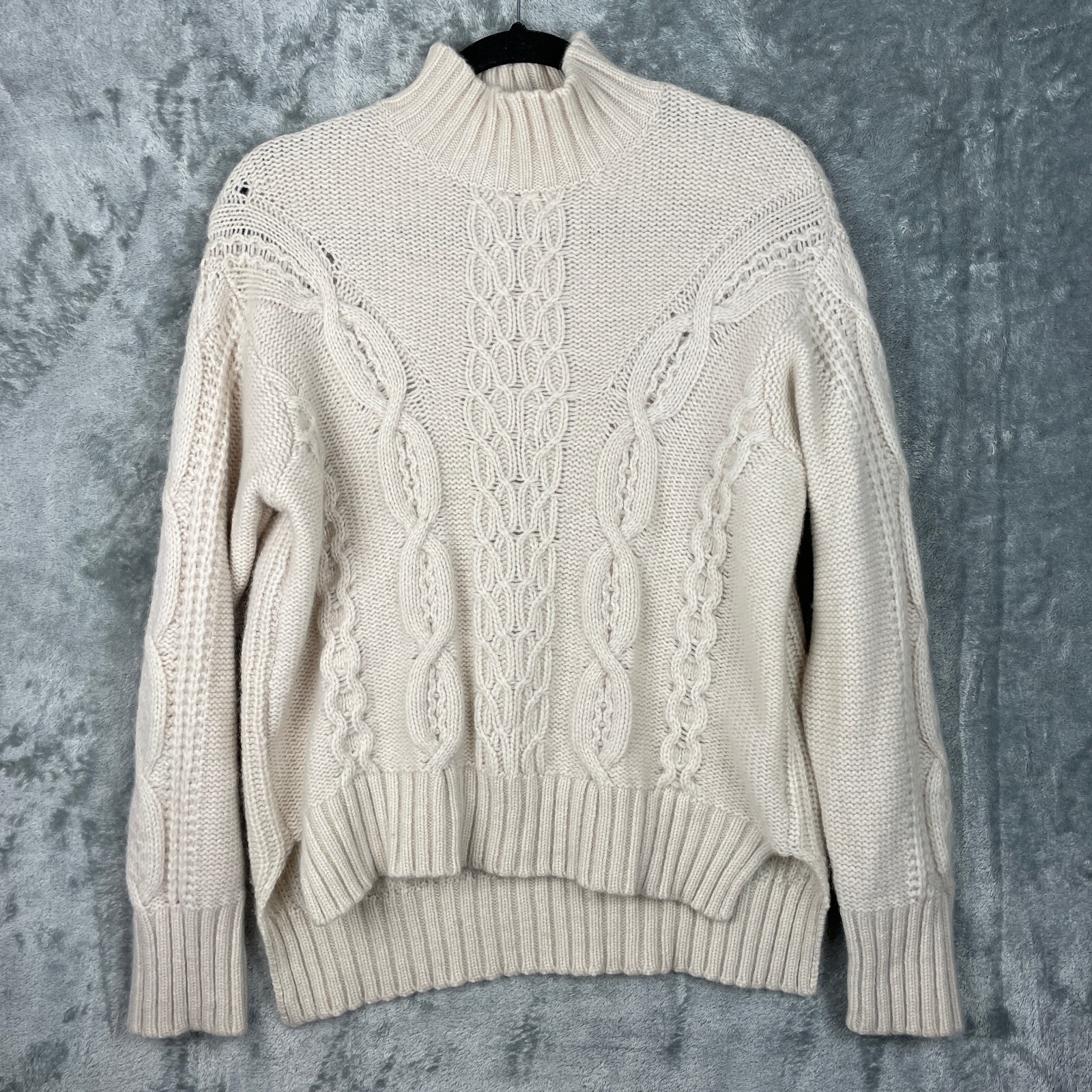 Tahari Cable Knit Sweater Womens Medium Cream Mock Wool Blend Neck Long Sleeve