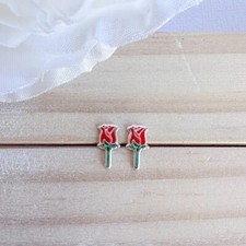 Dainty Red, Green  Pink Enamel Rose Design 935 Silver Women's Stud Earrings